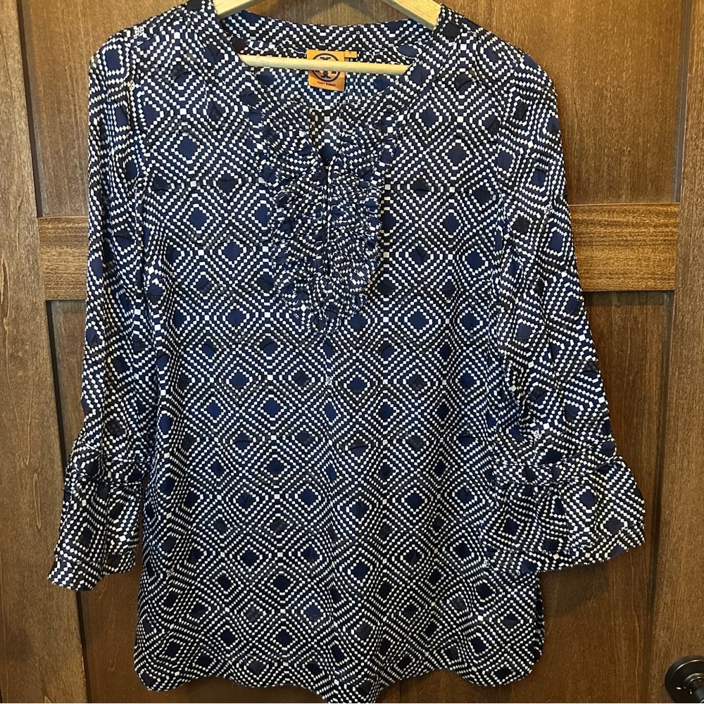 Tory Burch Gwenna Normandy Navy and White Geometric Ruffle V-Neck Tunic